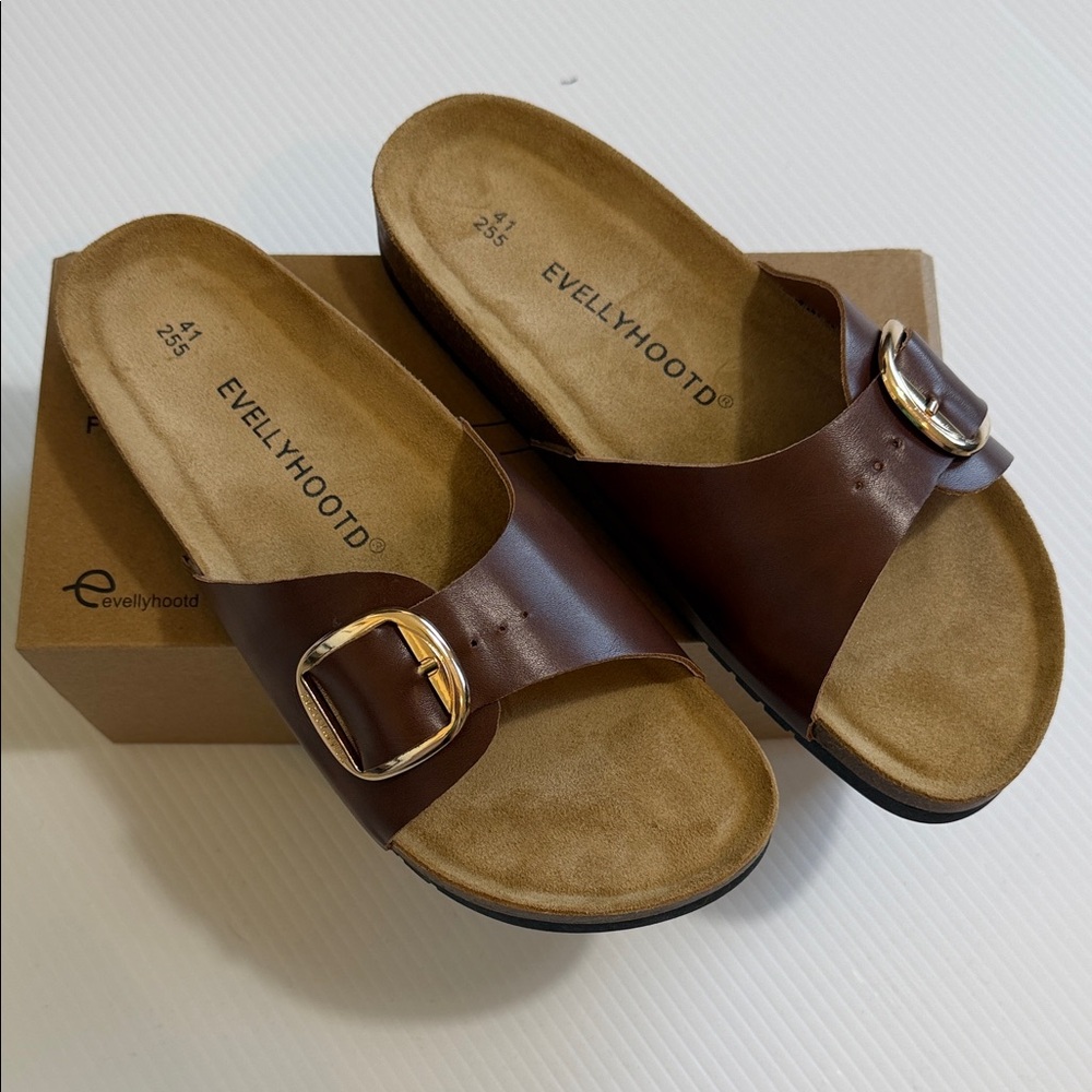 Brown Single-Band Buckle Slide Sandals